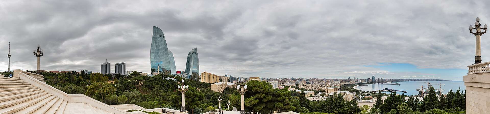 Baku's Flame Towers glowing over the old city
