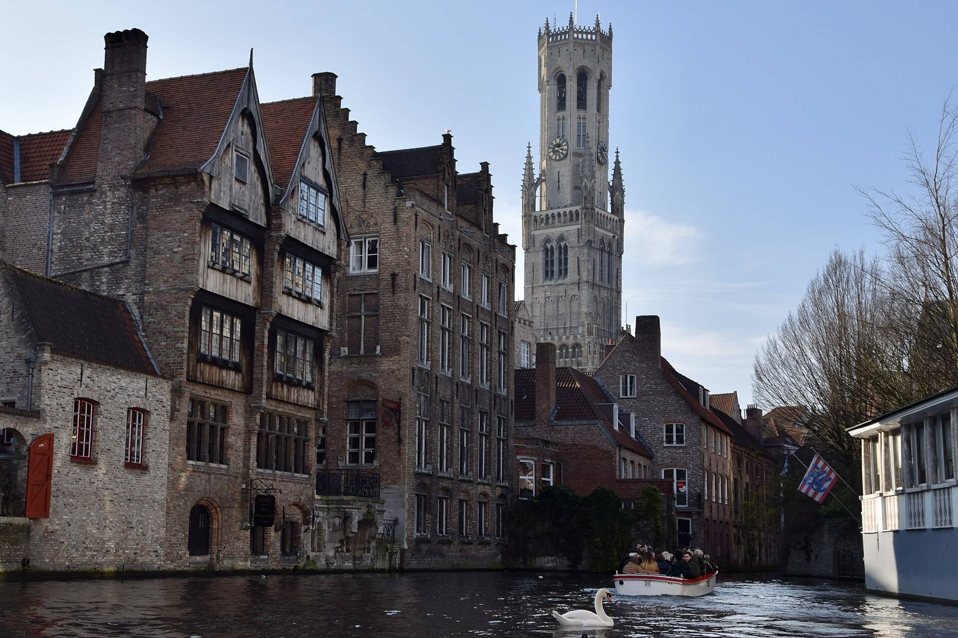 Bruges' Rozenhoedkaai canal and medieval belfry