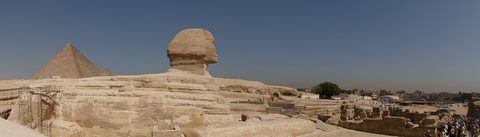 The pyramids of Giza rising above the desert plateau