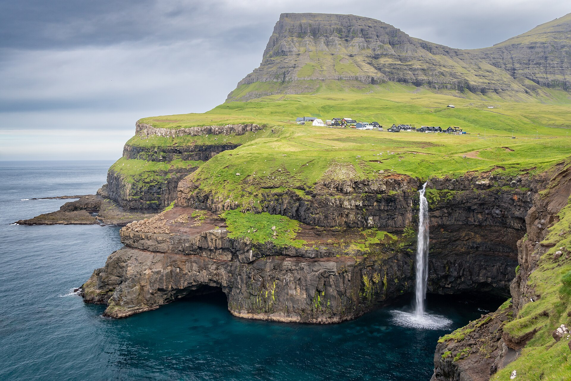 Múlafossur waterfall dropping into the sea at Gásadalur