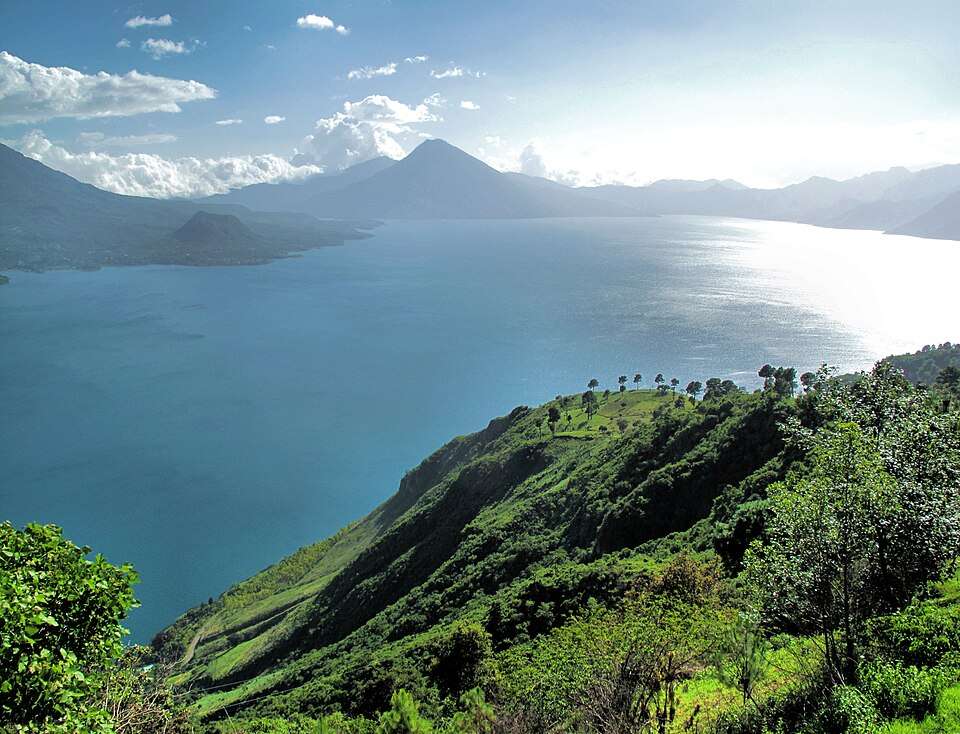 Volcanoes ringing Lake Atitlán's blue caldera