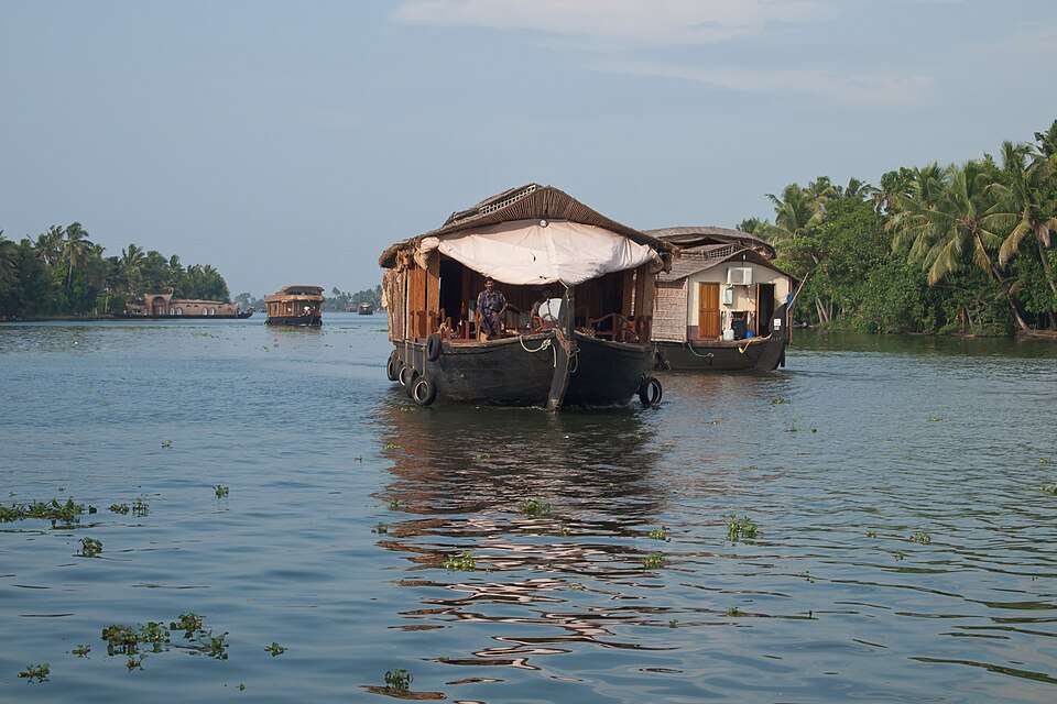 A houseboat gliding Kerala's palm-lined backwaters