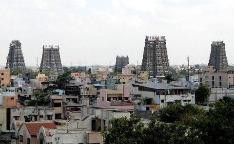 The painted gopuram of Madurai's Meenakshi temple
