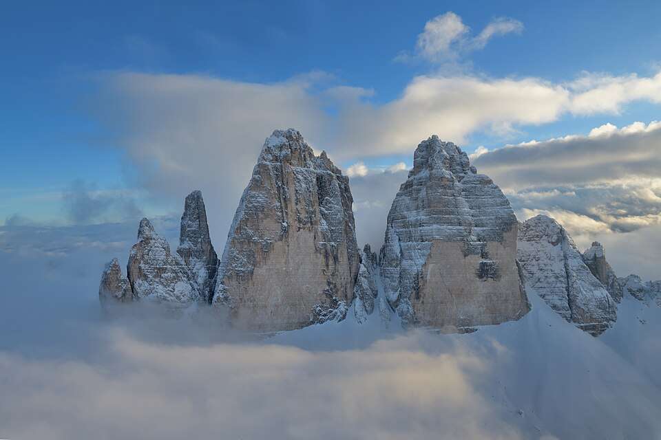 The three towers of Tre Cime di Lavaredo in the Dolomites