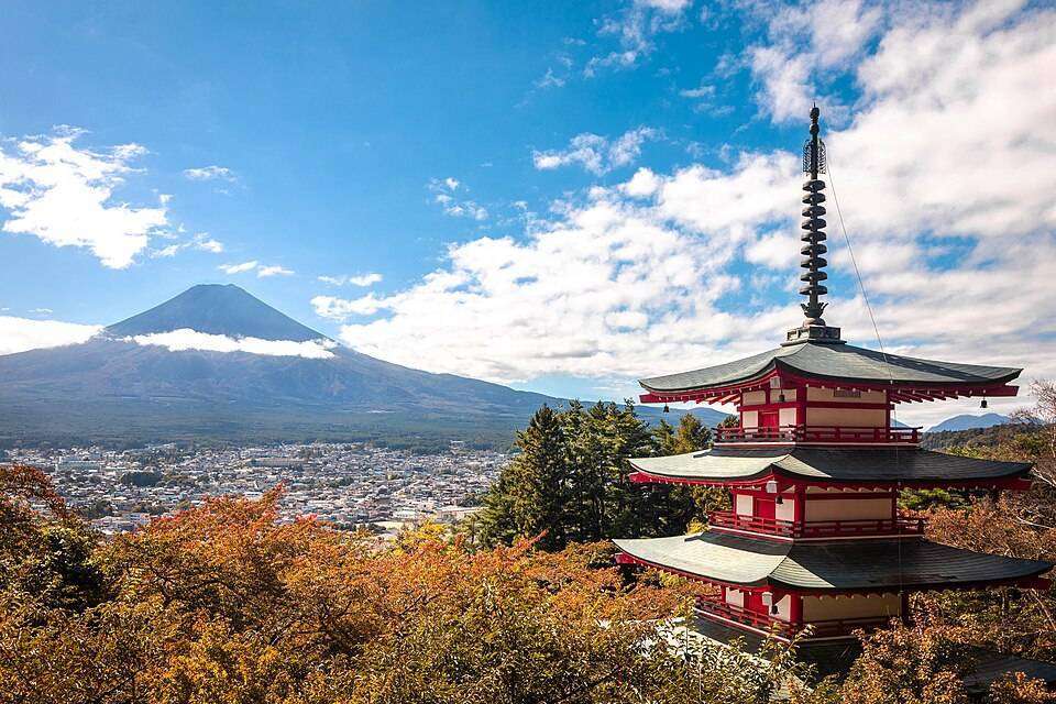 Chureito Pagoda framed against snow-capped Mount Fuji