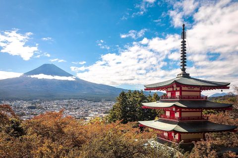 Chureito Pagoda framed against snow-capped Mount Fuji