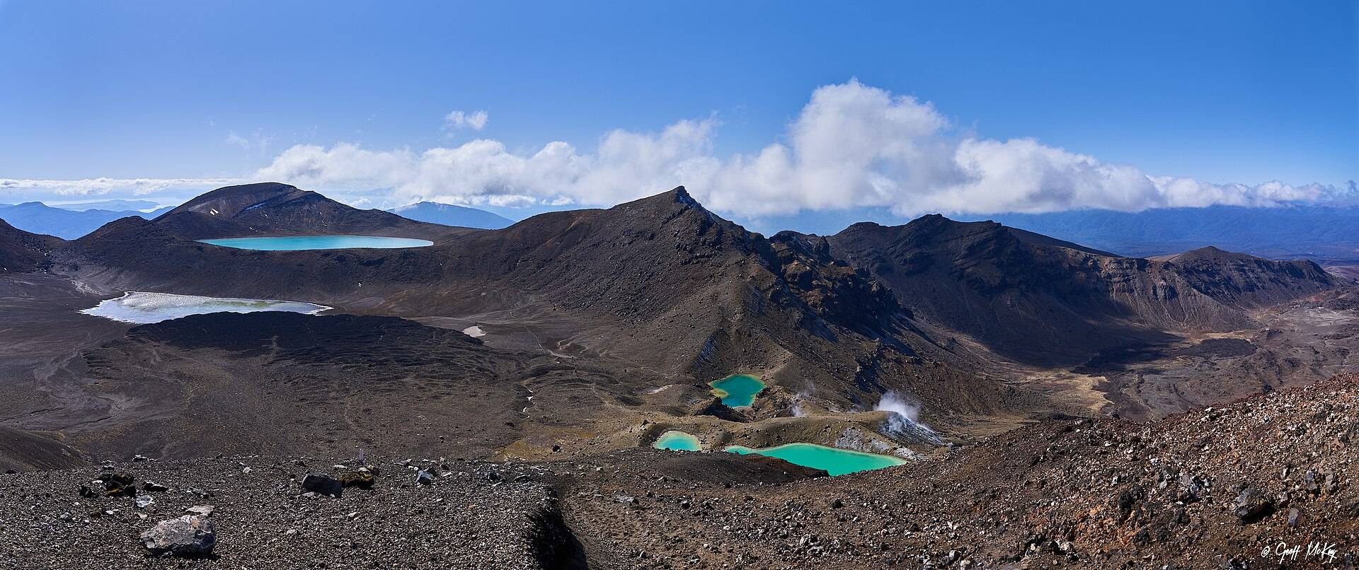 The Emerald Lakes steaming on the Tongariro Crossing