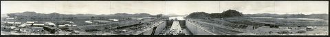 A ship rising through the Miraflores locks