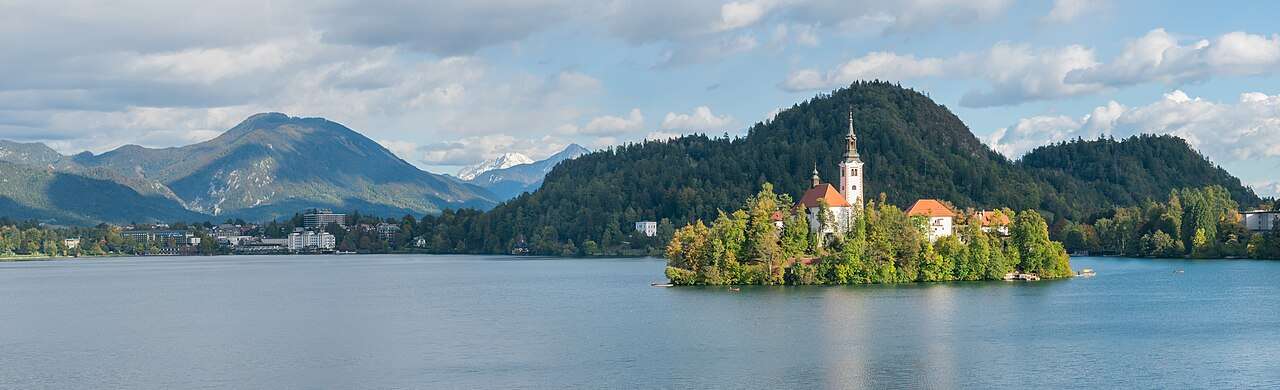 Lake Bled's island church backed by the Julian Alps