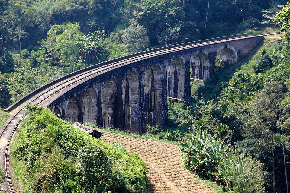 A train crossing Ella's Nine Arch Bridge in the tea hills