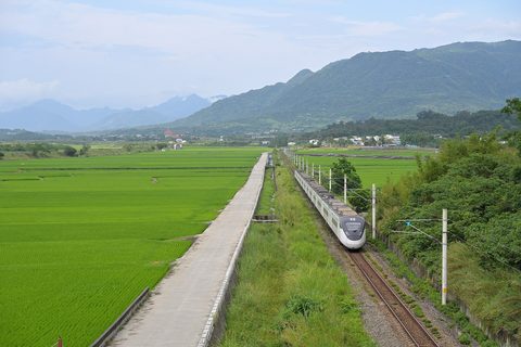 A southbound Taiwan Railways EMU3000 crosses rice fields at Fuli on the Hualien–Taitung line