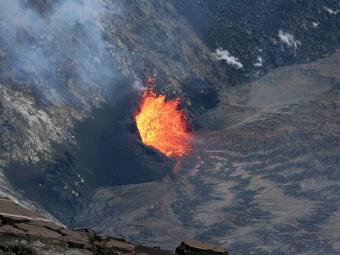 Kilauea's crater glowing at dusk