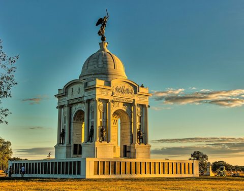 Gettysburg monument sunset — Pennsylvania: Philadelphia to Gettysburg